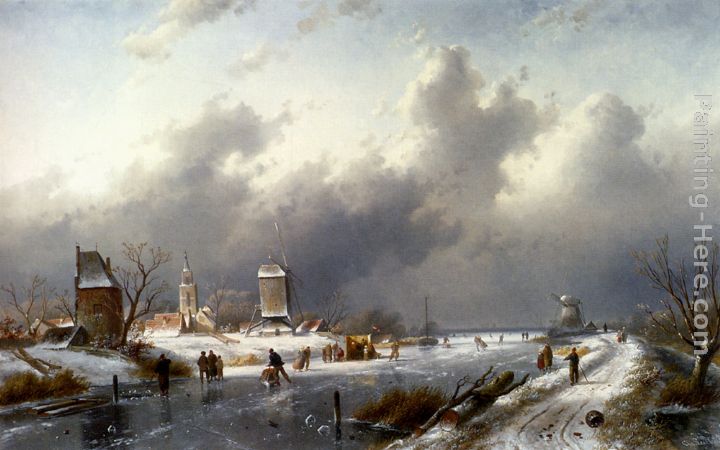 A Frozen Winter Landscape With Skaters painting - Charles Henri Joseph Leickert A Frozen Winter Landscape With Skaters art painting